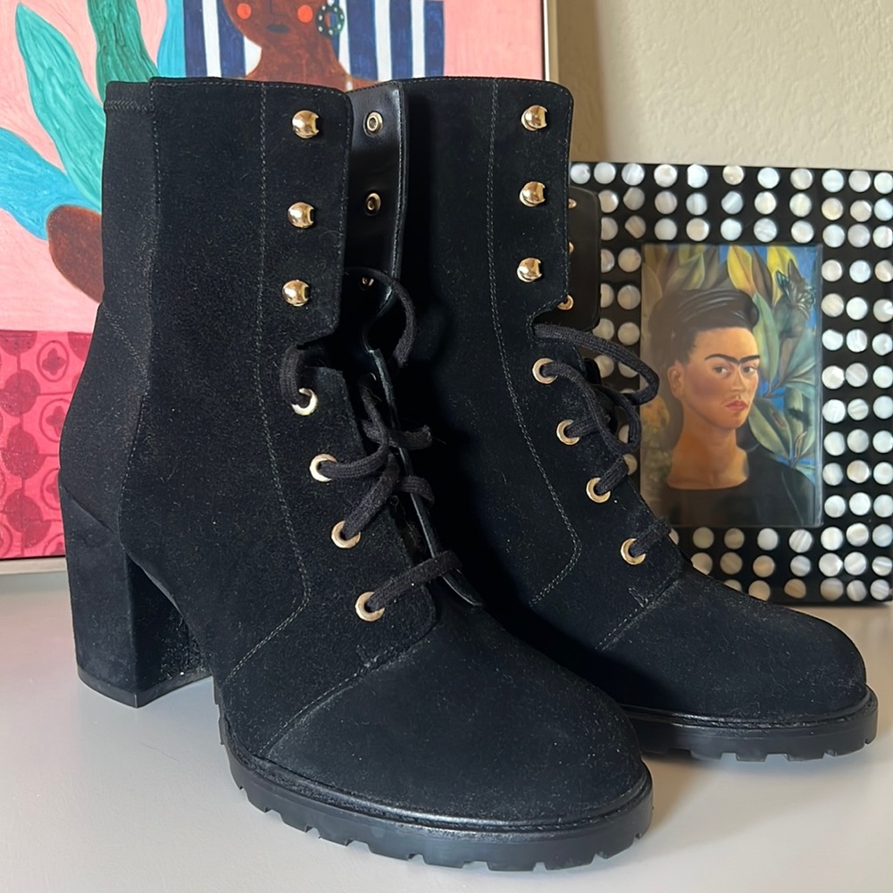 Stuart Weitzman Black Suede Lace-Up Boots I Size 8.5 / EU 39